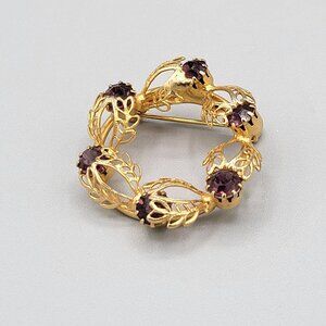 Gold Tone Wreath Circlet Brooch Pin Light Purple Crystals Open Work 1.5"